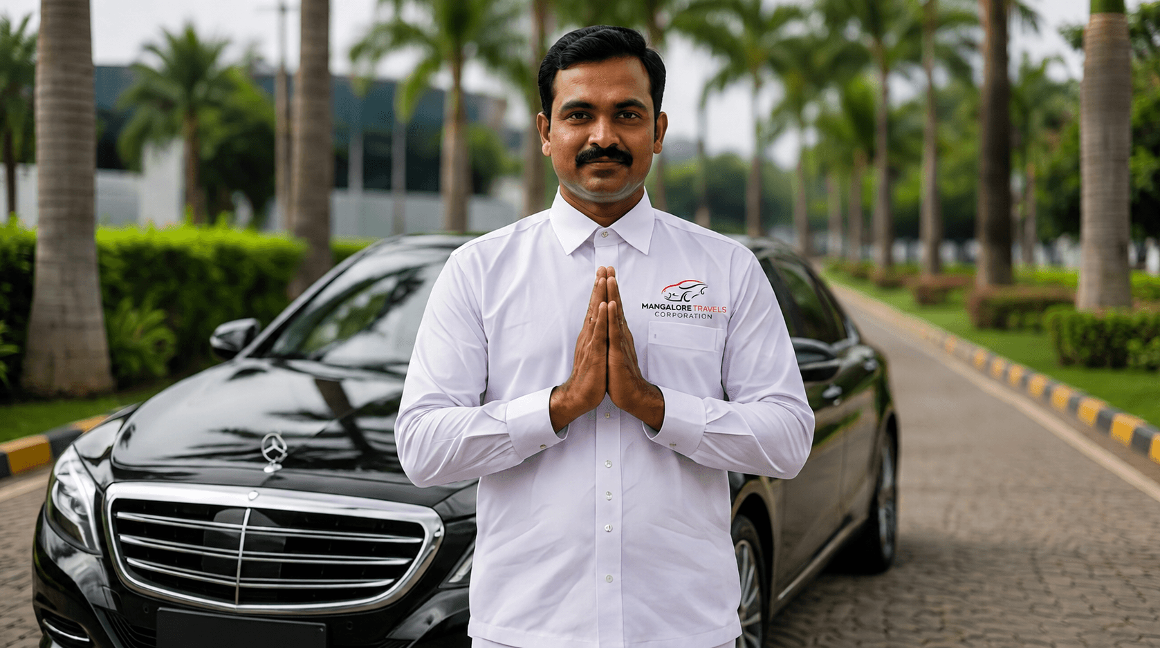 Mangalore Travels Corporation chauffeur greeting a guest beside a luxury sedan