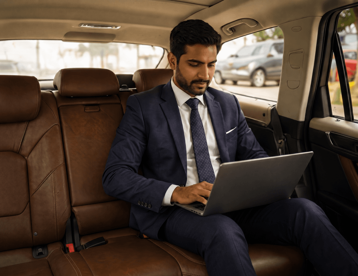Executive working in the back seat of a luxury cab