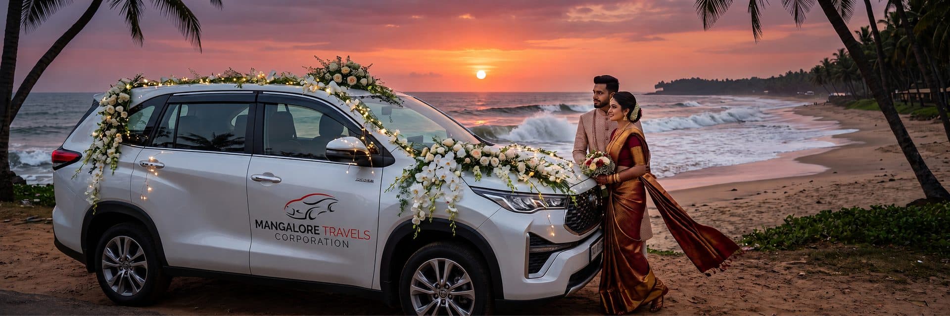 Decorated wedding SUV on a Mangalore beach at sunset