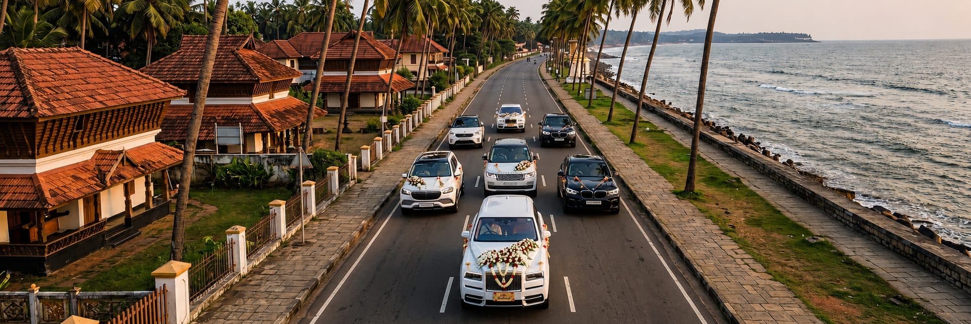 Aerial view of a Mangalore Travels Corporation wedding car convoy