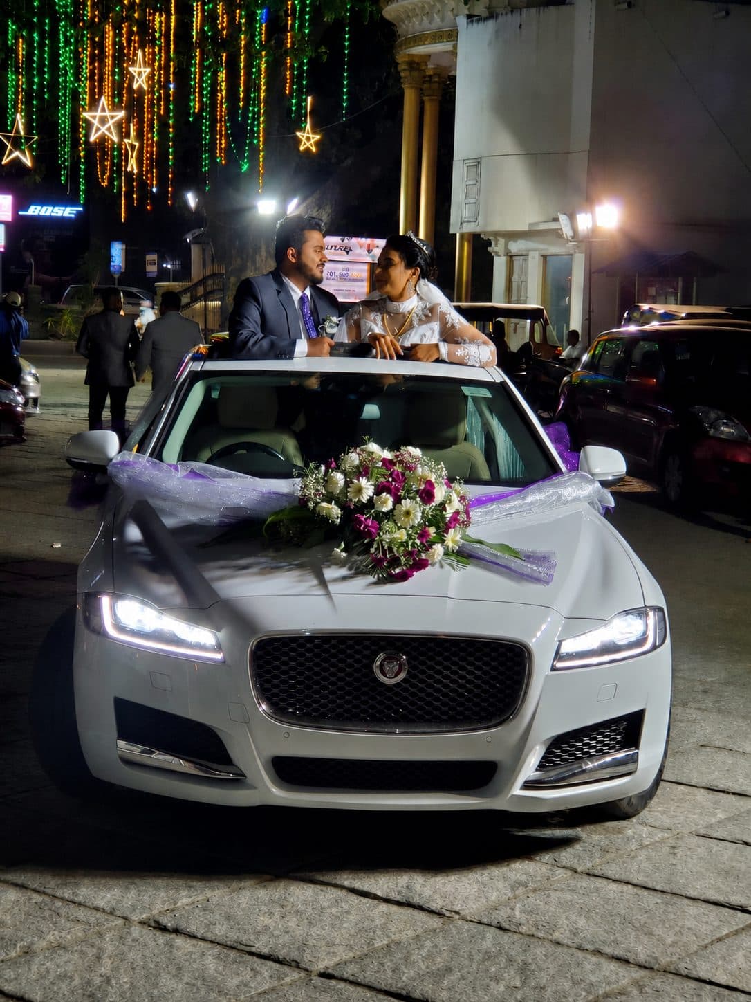 Decorated wedding car at night in Mangalore