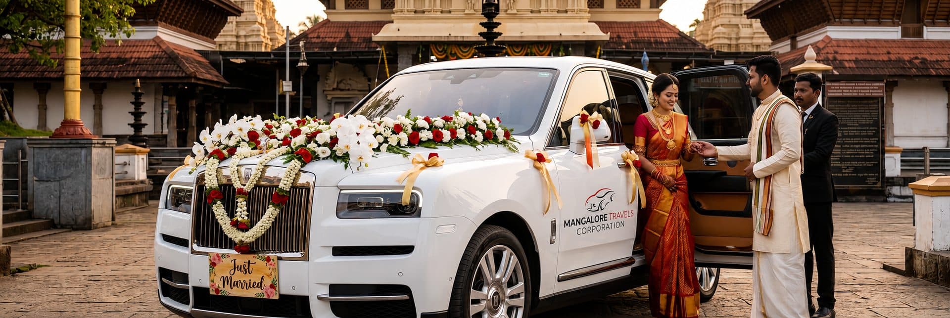 Rolls-Royce wedding car at a Mangalore temple, chauffeur opening the door for the bride