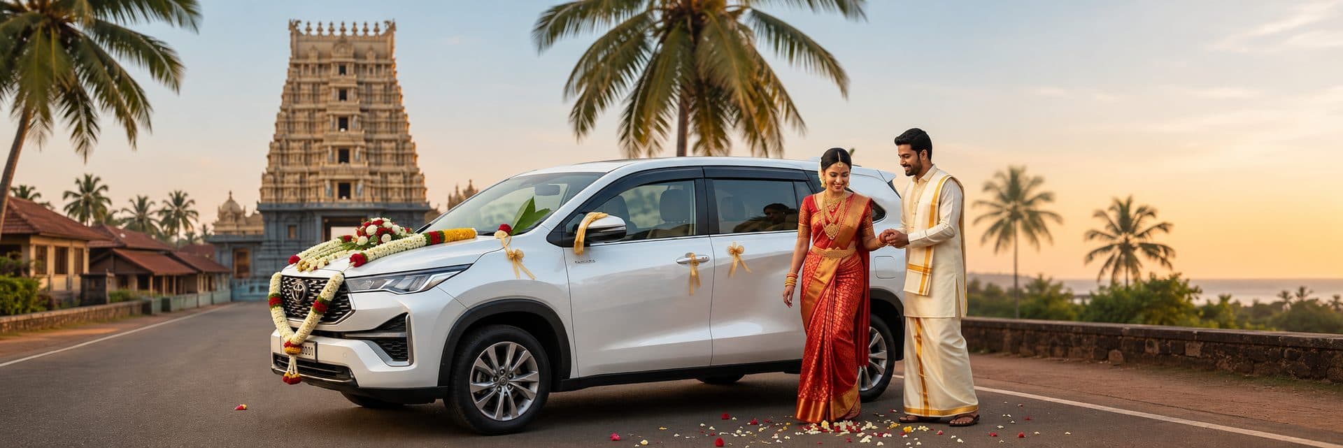 Bride and groom beside a decorated wedding car at a Mangalore temple